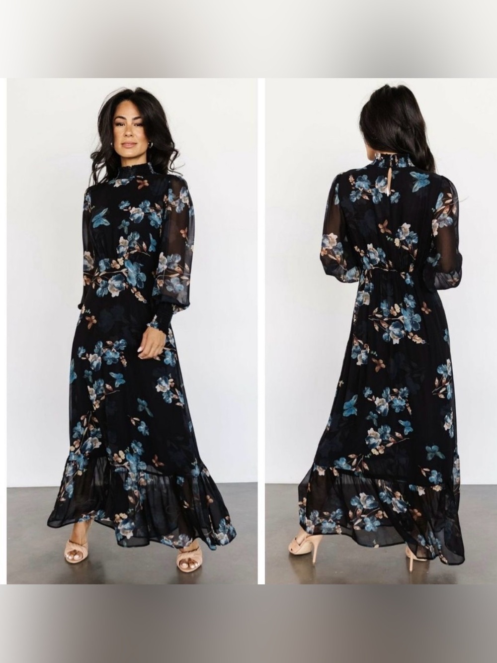 Baltic Born Black Floral High-Neck Long Sleeve Maxi Dress